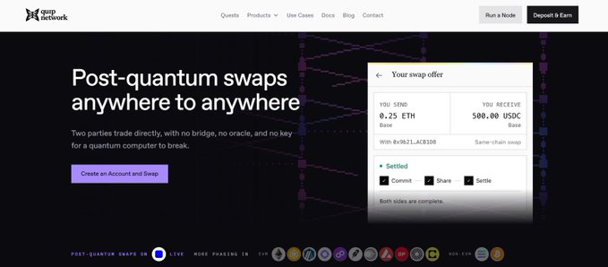 Screenshot of the Quip Network website with the headline 'Post-quantum swaps anywhere to anywhere,' showing a swap offer of 0.25 ETH for 500 USDC.