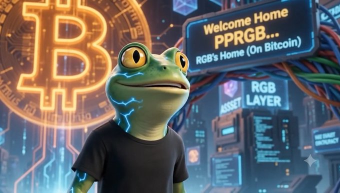 A cartoon frog wearing a black shirt stands before a Bitcoin logo and a sign reading 'Welcome Home PPRGB... RGB's Home (On Bitcoin)' with 'RGB ASSET LAYER' displayed.