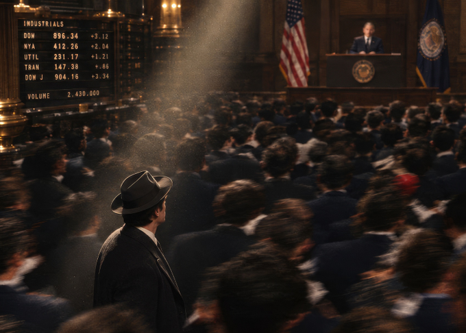 An AI-generated or stylized image shows a man in a fedora watching a crowded trading floor with a stock ticker displaying DOW, NYA, UTIL, TRAN and other indices.