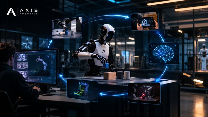 An Axis Robotics promotional image showing a humanoid robot in a lab setting surrounded by circular arrows connecting to images of a teleoperation tablet, a neural network brain visualization, a robotic arm interface, and a task demonstration, with a human operator monitoring on a screen.