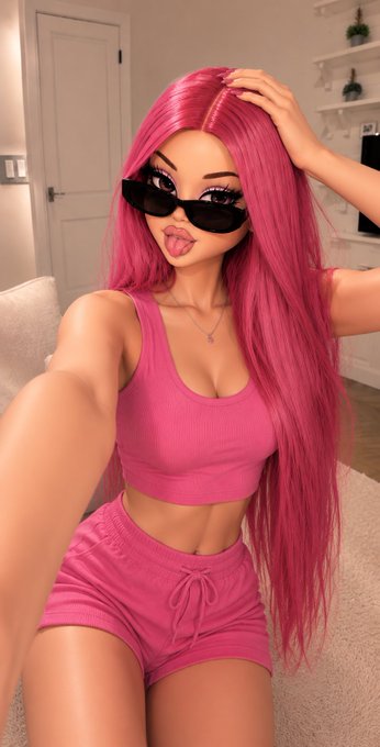 The image shows a woman with pink hair posing for a selfie in front of a mirror. The accompanying caption reads "gm frens i hope something happens today that makes you glad you showed up," which pairs with her confident pose and outfit to convey a motivational, ready-to-take-on-the-day vibe.