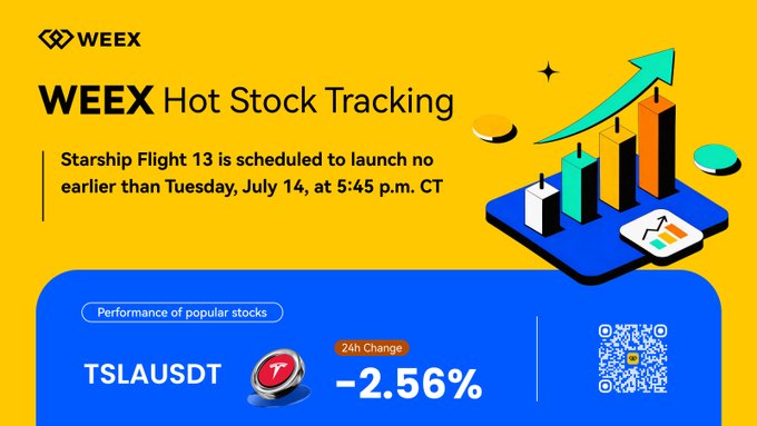 A WEEX Hot Stock Tracking graphic with a yellow and blue design features an illustration of a bar chart with a rising green arrow and floating coins, announcing that Starship Flight 13 is scheduled to launch no earlier than Tuesday, July 14, at 5:45 p.m. CT, while displaying TSLA/USDT's 24-hour performance of -2.56% alongside a QR code linking to weex.com/futures/TSLA-U.