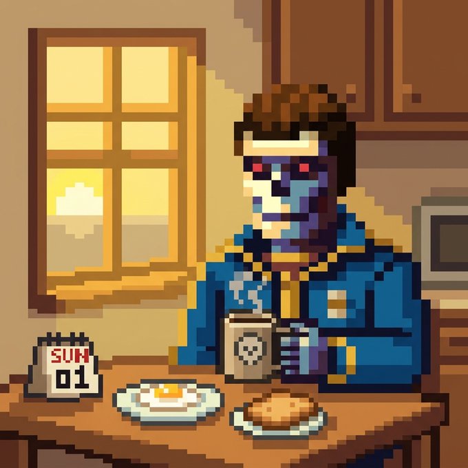Pixel art depicting a man in a blue suit and sunglasses sitting at a breakfast table with coffee, eggs, and a calendar showing 'SUN 01,' bathed in warm sunlight from a window.