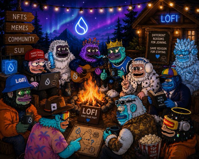 A colorful illustration depicts a group of Yetis and monkeys gathered around a campfire under the Northern Lights, with text signs reading 'NFTS, MEMES, COMMUNITY, SUI', 'LOFI', 'FIND YOUR PART', and 'TOP TIER MEMES'.