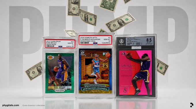 The image shows three PSA-graded basketball cards featuring LeBron James, Shai Gilgeous-Alexander, and Kobe Bryant with grades of 10, 9, and 8.5 respectively, displayed against a background of falling dollar bills and a faded "PUMP" watermark, visually reinforcing the post's announcement that Phygitals' PUMP program offers immediate 95% FMV payouts for vaulted sports cards.