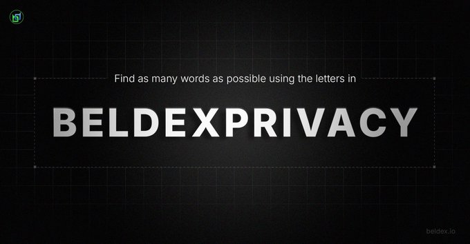 A dark-themed promotional graphic from beldex.io challenging users to 'Find as many words as possible using the letters in BELDEXPRIVACY'.