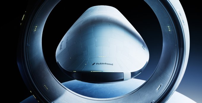 A sleek, futuristic white spacecraft or pod with the word "Robinhood" on its side, viewed through a circular porthole or window against a dark background.