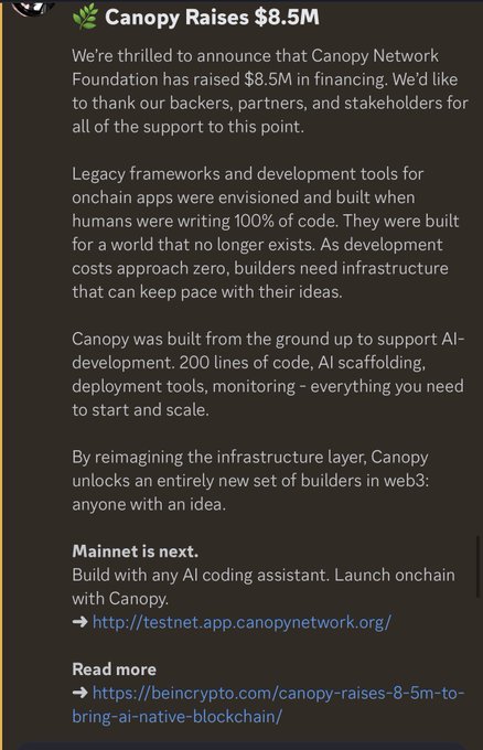 The image announces Canopy Network Foundation's $8.5M financing raise, highlighting its AI-development infrastructure for onchain apps, and ties to the post by promoting the upcoming Mainnet launch, Tanssi IP acquisition, and an invitation to join the June 30 Community AMA for XP and a VIP badge.