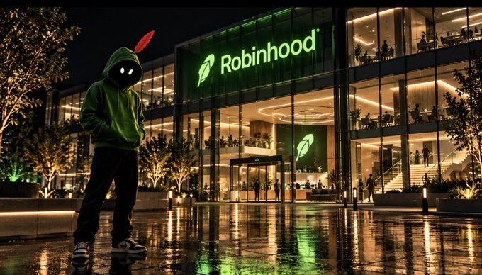 An AI-generated image depicting a hooded figure with glowing eyes standing in front of a brightly lit Robinhood office building at night, with its green logo visible on the facade.