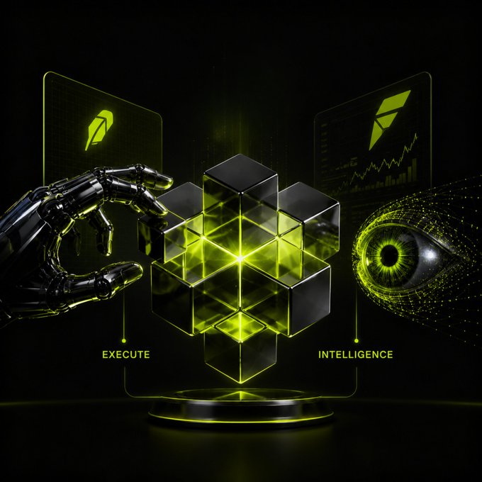 A futuristic digital art piece showing a robotic hand and an AI eye flanking glowing yellow cubes on a platform, with screens displaying 'EXECUTE' and 'INTELLIGENCE'.