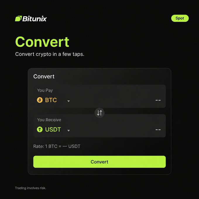A Bitunix Convert interface allows users to swap BTC for USDT in a few taps, displaying input fields for "You Pay" and "You Receive" alongside a green Convert button. The clean UI visually reinforces the post's message about simplifying crypto conversions with minimal steps.