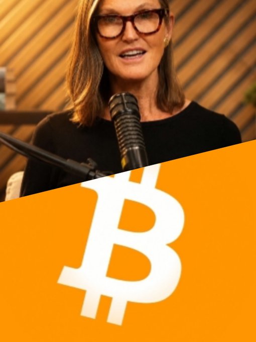 Cathie Wood speaks into a microphone above a large orange overlay featuring the Bitcoin (₿) symbol, visually reinforcing her bullish long-term price forecasts for BTC as highlighted in the post.