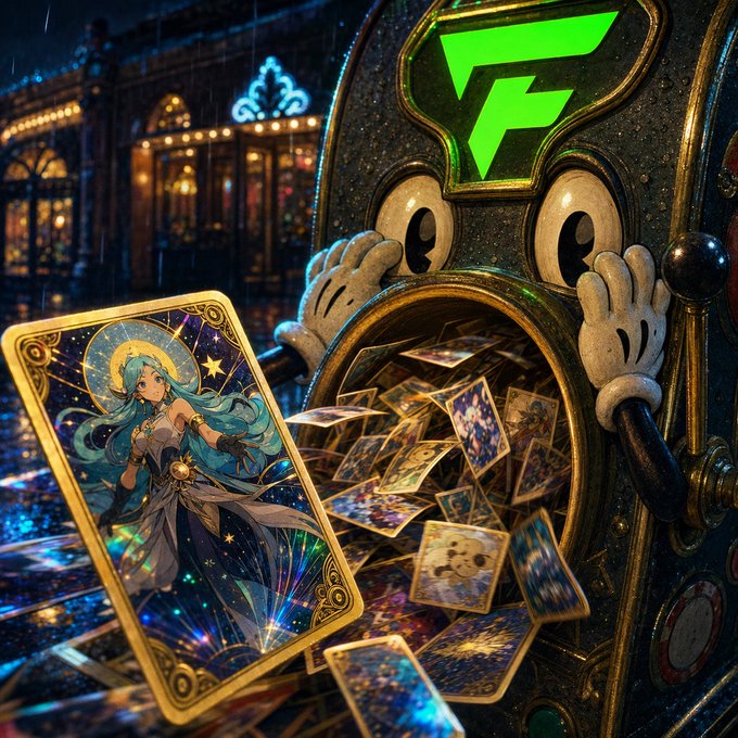 A digital artwork featuring a tarot card with a teal-haired anime girl next to a slot machine with a green 'F' symbol and cartoon eyes, spewing out cards and coins.