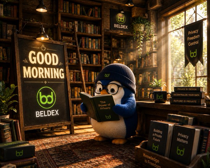 A penguin character wearing glasses and a beanie reads 'The Power of Privacy' in a book-filled study with a 'GOOD MORNING BELDEX' sign and banners promoting 'Privacy Freedom Control' and 'Decentralize Your Data.'
