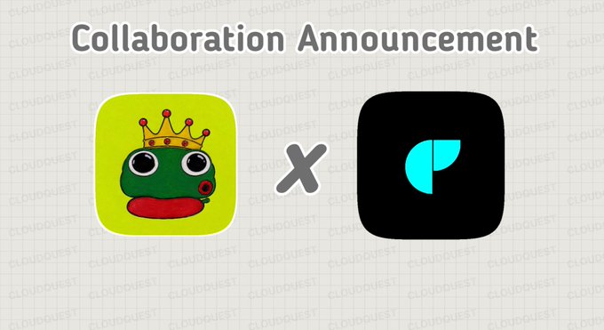 A "Collaboration Announcement" graphic featuring the Pepe the Frog crowned meme logo on the left multiplied with a teal leaf icon on the right.