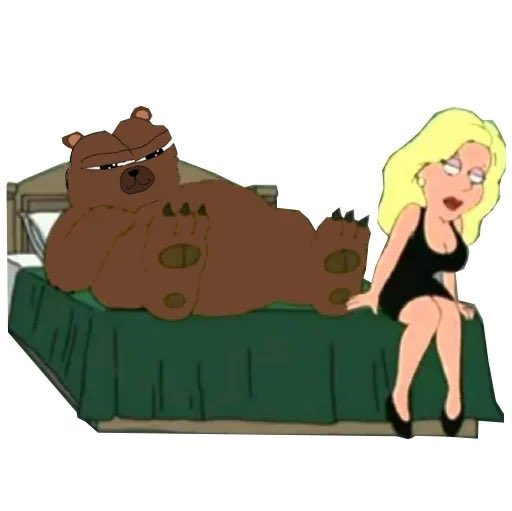 A cartoon illustration depicting a large brown bear lying on a green bed next to a blonde woman in a black dress.