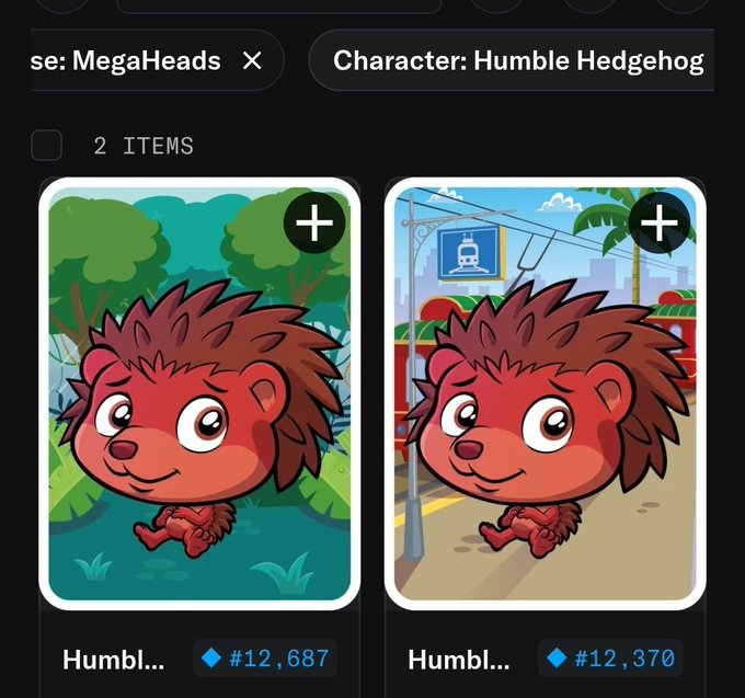 A screenshot from a digital marketplace showing two NFT cards of a 'Humble Hedgehog' character, priced at #12,687 and #12,370, under a 'MegaHeads' collection filter.