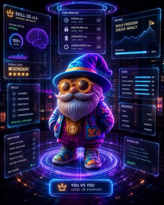 A digital interface titled 'SKILL OS v3.0' displays a holographic gnome character with stats, modules like 'FOCUS.exe' and 'DISCIPLINE.exe', and a mission labeled 'BUILD FREEDOM CREATE IMPACT'.