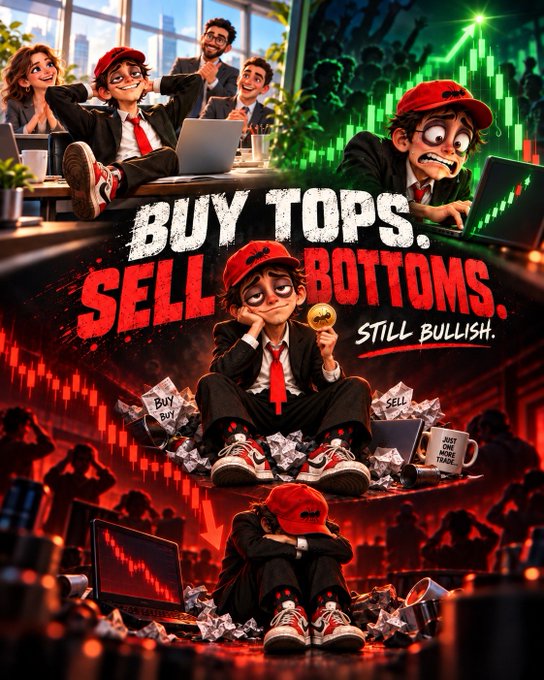 A stylized cartoon meme featuring a character in a red cap and tie with the bold text 'BUY TOPS. SELL BOTTOMS. STILL BULLISH.' displayed against a backdrop of red and green financial trading charts.