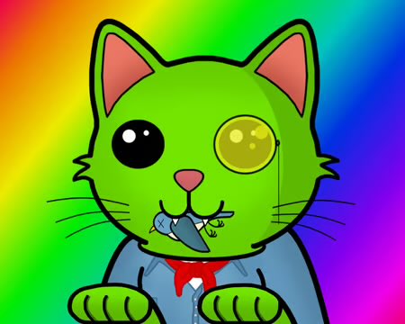 A cartoon illustration of a green cat with one large black eye and one yellow eye, wearing a blue shirt and red tie, holding a small blue fish in its mouth against a rainbow gradient background.