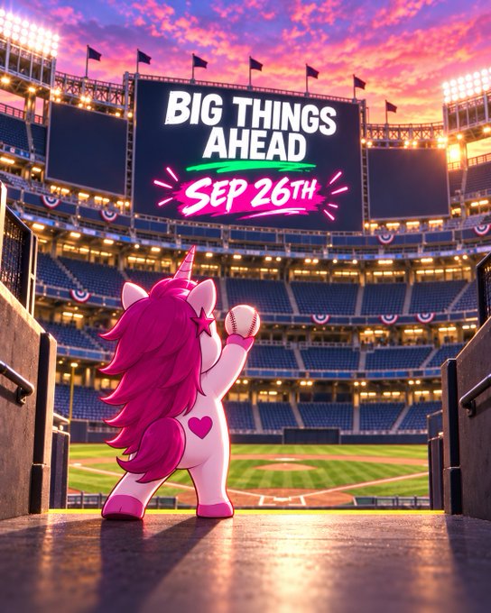 A vibrant digital image showing a pink unicorn character holding a baseball, facing a stadium screen that reads 'BIG THINGS AHEAD SEP 26TH' against a colorful sunset sky.