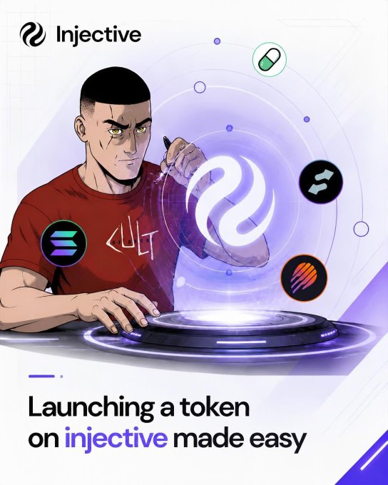 An Injective cryptocurrency promotional graphic showing an illustrated man in a red shirt with the Injective logo, captioned 'Launching a token on injective made easy'.