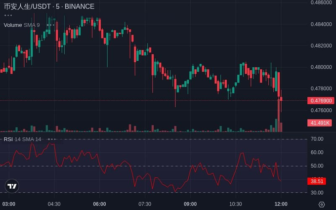 A candlestick chart for the PEOPLE/USDT trading pair on Binance shows a price decline to 0.4769 with a 24-hour volume of 41.491K, alongside an RSI 14 indicator at 38.51.