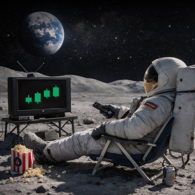 An astronaut relaxes in a lunar chair watching a TV displaying green candlestick charts, with Earth visible in the starry sky above. A spilled popcorn bucket and beverage nearby complete the cosmic "weekend chill" vibe, fitting the post's casual reference to tuning into the HTX DAO channel.