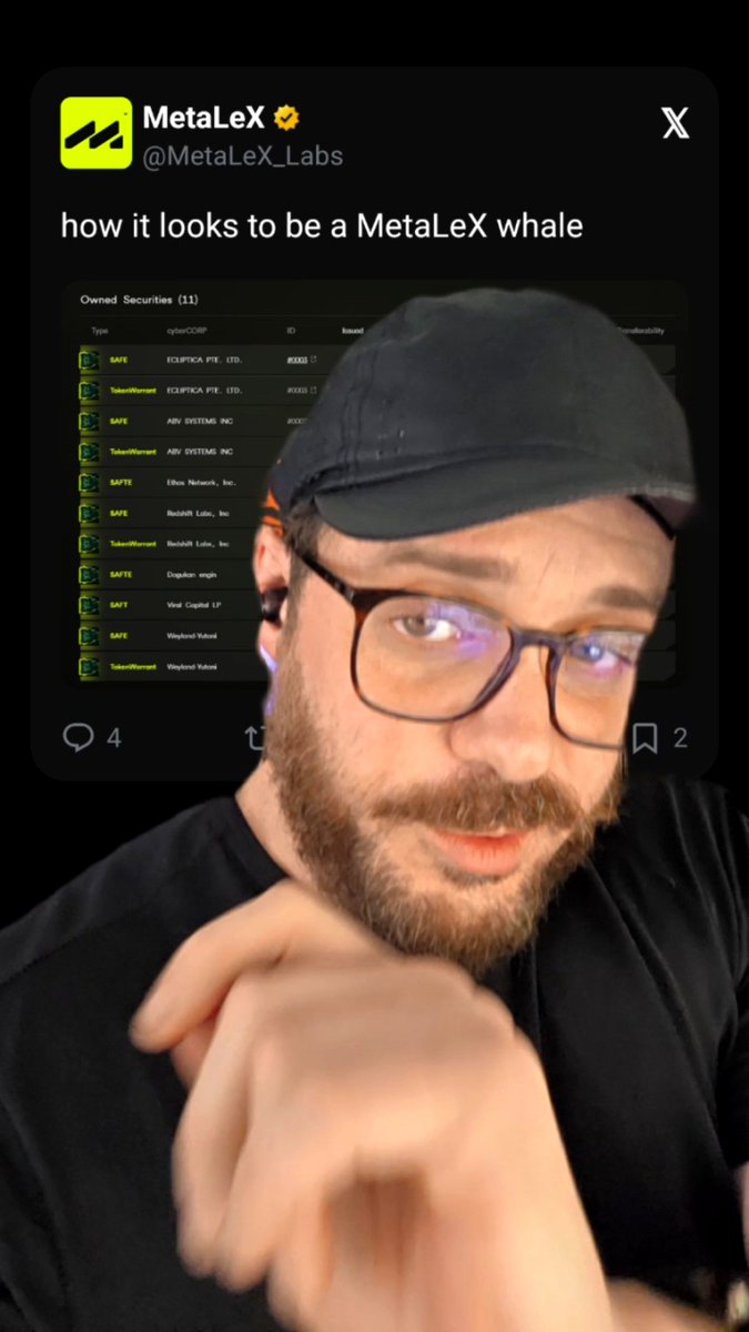 A bearded man in glasses and a baseball cap leans forward pointing at the camera, overlaid on a MetaLeX tweet reading "how it looks to be a MetaLeX whale," showing a screenshot of an "Owned Securities (11)" dashboard listing tokenized SAFTs and TokenWarrants from companies like EQUITICA PTE. LTD., ABV SYSTEMS INC, and Wayfound Token. The image visually supports the post by illustrating how MetaLeX organizes illiquid tokenized investments into a single dashboard view, even for holdings that aren't yet tradeable.