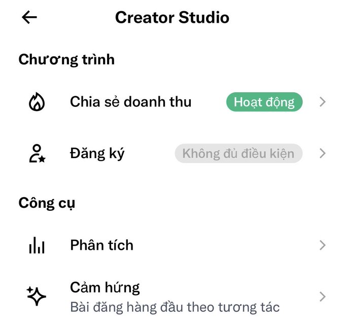 A screenshot of a TikTok Creator Studio menu in Vietnamese showing options including 'Chương trình' (Programs) with 'Chia sẻ doanh thu' (Revenue Sharing) marked as 'Hoạt động' (Active) and 'Đăng ký' (Registration) marked as 'Không đủ điều kiện' (Not eligible), along with 'Công cụ' (Tools) including 'Phân tích' (Analytics) and 'Cảm hứng' (Inspiration).
