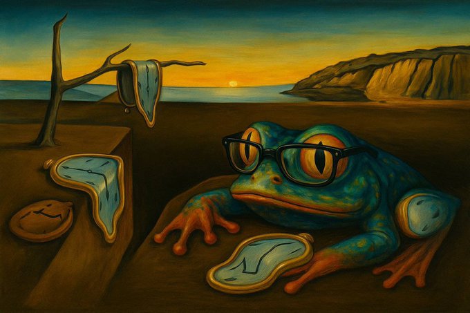 An artistic painting depicting a blue-green frog with glasses in a surreal landscape reminiscent of Salvador Dalí's melting clocks style, set against a sunset seascape.