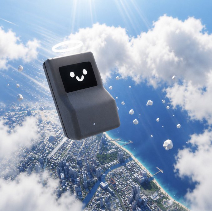 A gray rectangular device with a smiling face screen and a halo floats above clouds, overlooking a coastal city with floating rocks.
