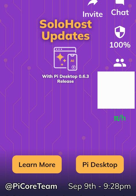 A purple promotional graphic titled 'SoloHost Updates' advertises the 'Pi Desktop 0.6.3 Release' with 'Learn More' and 'Pi Desktop' buttons, posted by @PiCoreTeam on Sep 9th - 9:28pm.