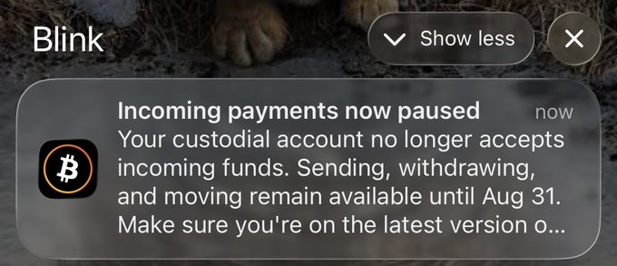 A notification from the Blink app states "Incoming payments now paused" with a message explaining that the custodial account no longer accepts incoming funds, while sending, withdrawing, and moving remain available until Aug 31.