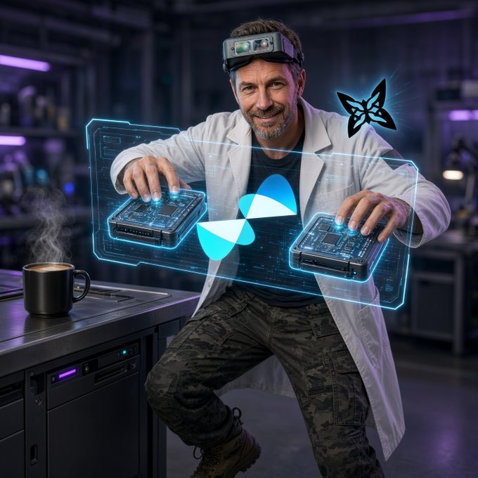 A digitally generated image of a smiling man in a lab coat wearing a headset, interacting with futuristic hardware and glowing holographic displays in a high-tech lab setting.