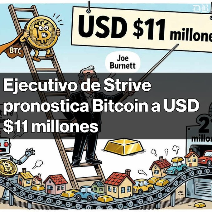 An illustrated graphic with Spanish text reads 'Ejecutivo de Strive pronostica Bitcoin a USD $11 millones', showing Joe Burnett on a ladder with Bitcoin reaching for an '$11 million' sign.