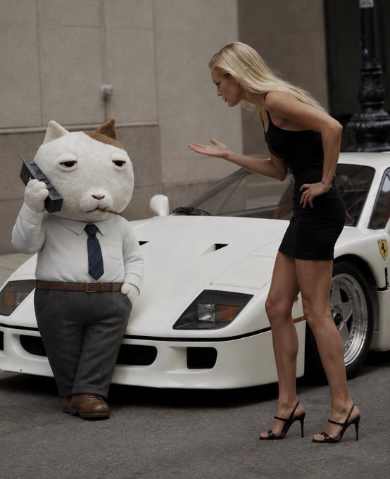 A surreal scene showing a cat-headed man in a tie holding a phone while a blonde woman in a black dress gestures at him beside a white Ferrari sports car.