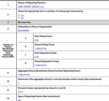 This image appears to show a corporate filing form (likely a Schedule 13G or similar SEC ownership disclosure) for JANE STREET GROUP, LLC reporting 7,409,437 voting and dispositive shares. While the accompanying post discusses $SNDK (SanDisk) trading volume and crypto narrative dynamics, the image itself doesn't directly relate to those topics—it instead documents institutional ownership stakes in an unrelated company filed from Delaware.