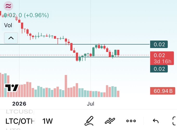 A weekly TradingView chart of LTC/OTH (Litecoin) shows the price trading sideways around 0.02, with a modest +0.96% gain and a trading volume of 60.94B. The post suggests that despite heavy social media hype around another asset, the Litecoin chart's neutral/bearish performance against it is the true indicator of market reality.