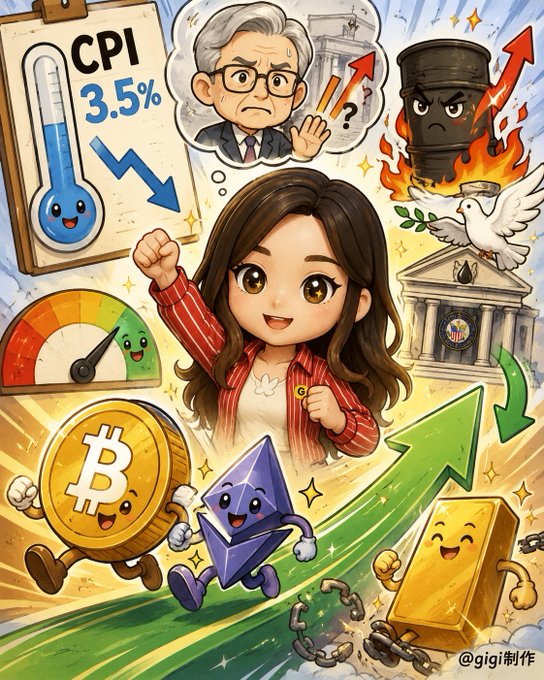 A chibi-style illustration of a girl surrounded by a happy Bitcoin, a cheerful Ethereum, a jumping gold bar, the Federal Reserve, and signs showing 'CPI 3.5%' and the Fed Chair, with '@gigi制作' in the corner.