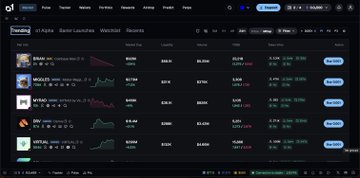 A dark-themed trading dashboard from DEX Screener displaying a "Trending" list of Base Launchpad and Web3/Solana tokens, with O1 tokens (O1/B, MIGGLES, O1/A) appearing prominently in green text with positive percentage gains, aligning with the post's claim about O1 exchange tokens trending across platforms, including on Base.