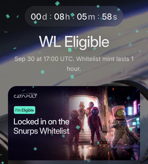A promotional screen showing a countdown timer above the text 'WL Eligible' and 'Sep 30 at 17:00 UTC. Whitelist mint lasts 1 hour.', with an 'I'm Eligible' button over artwork featuring characters in spacesuits for 'Snurps'.