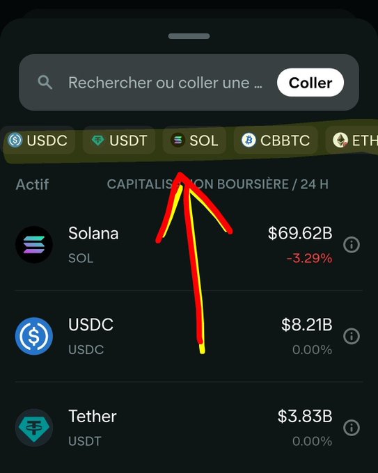 A crypto exchange app showing a search bar and a list of assets including Solana (SOL) at $69.62B with -3.29% change, USDC at $8.21B, and Tether (USDT) at $3.83B, with a red arrow drawn pointing upward.
