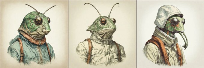 Three illustrated portraits depicting anthropomorphic grasshopper or praying mantis characters wearing vintage clothing, including jackets, vests, scarves, and a trapper hat with goggles.