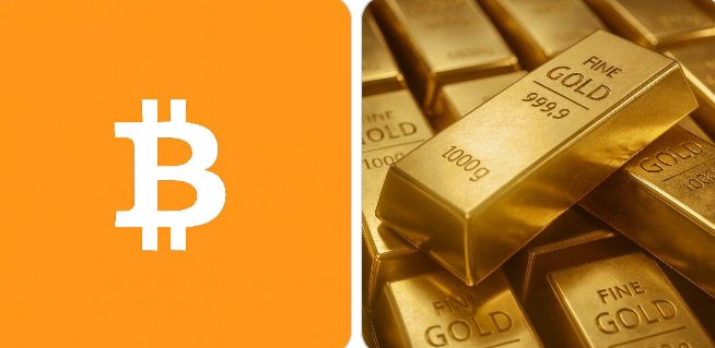 A side-by-side image featuring the Bitcoin logo on an orange background alongside stacked "FINE GOLD 999.9" 1000g gold bars, visually representing the two scarcity assets described in the quote about hedging against uncertainty.