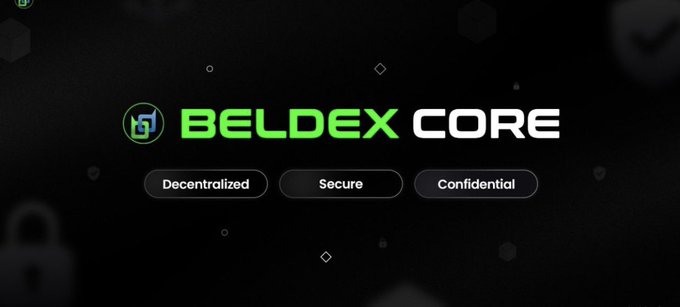 A promotional graphic for 'BELDEX CORE' with three tags reading 'Decentralized', 'Secure', and 'Confidential' on a dark background.