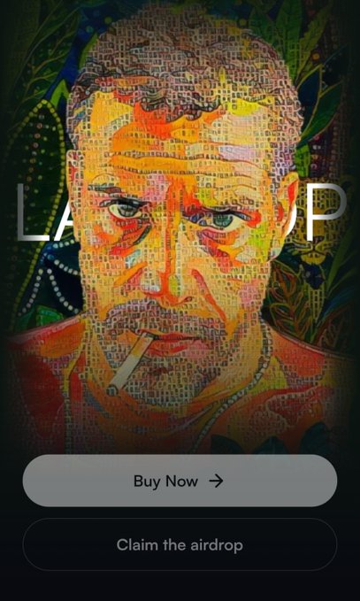 The image features a colorful, mosaic-style digital portrait of a man with a beard and a cigarette, rendered in vivid yellows, oranges, reds, and greens with intricate patterns, set against a dark background. Partial text "$LA...OP" appears behind the portrait, referencing the $LAPTOP token, while two buttons below read "Buy Now" and "Claim the airdrop," directly tying the artwork to the post's announcement about the $LAPTOP airdrop eligibility for $Trump memecoin purchasers.