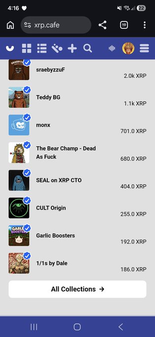 A mobile screenshot of the xrp.cafe website displaying an NFT collection list including 'sraebyzzuF' (2.0k XRP), 'Teddy BG' (1.1k XRP), 'monx' (701.0 XRP), and others.