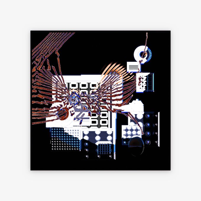 An abstract digital collage featuring a central mechanical, wing-like structure composed of grid patterns, numbers, and technical elements set against a black background.