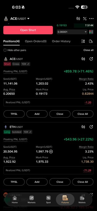 A mobile futures trading app screen showing positions in ACE/USDT with a +71.46% floating PNL and ETH/USDT with a +27.22% floating PNL.